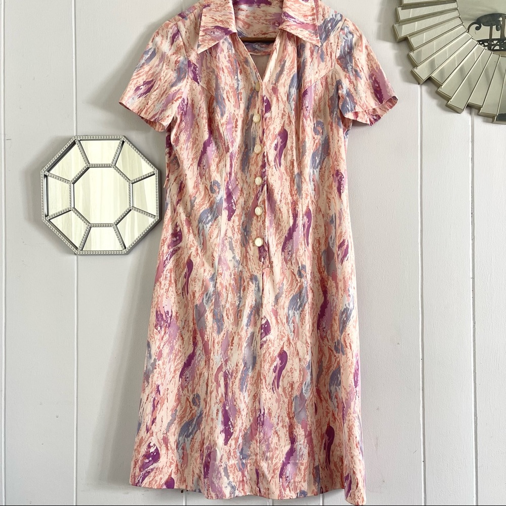 Vintage Watercolor Pink Lavender Dress Mother of Pearl Buttons